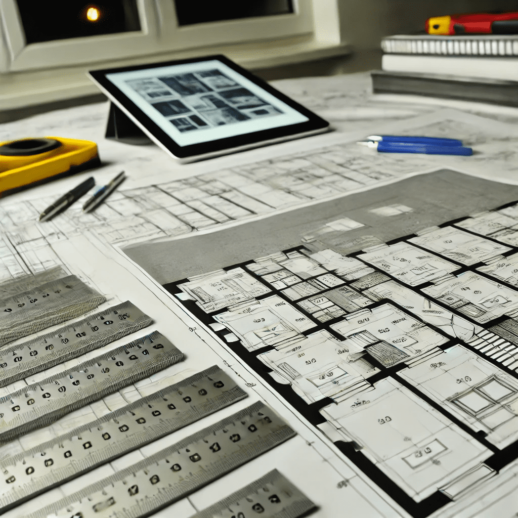 DALL·E 2024-10-14 21.27.56 - A close-up of an architectural floor plan for a modern multi-story building, showing labeled rooms, staircases, and technical details. The blueprint i